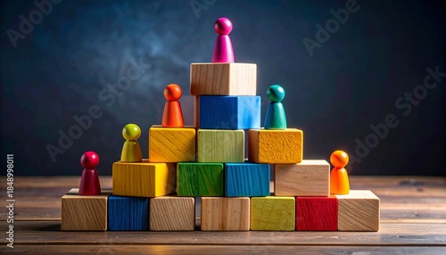Colorful peg people on a wooden block pyramid with a leader at the top representing organizational hierarchy career success and leadership competition