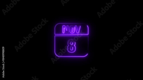 Neon purple November 8th calendar icon on black background
