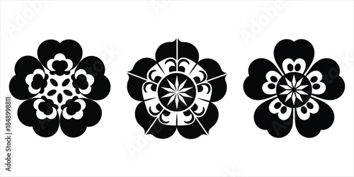 Three Black and White Floral Designs on Transparent Background