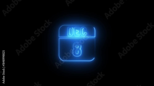 Blue Neon Calendar Icon December 8th date 4k animation video on black background 