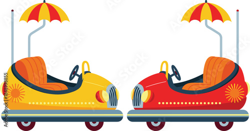 Colorful bumper car vector illustration set featuring amusement park ride vehicles with umbrellas, fun fair attraction design for carnival and entertainment themes
