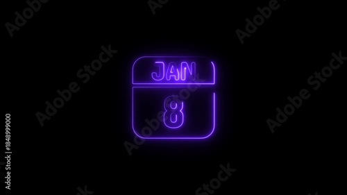Purple Neon Calendar Icon January 8th date 4k animation video on black background 