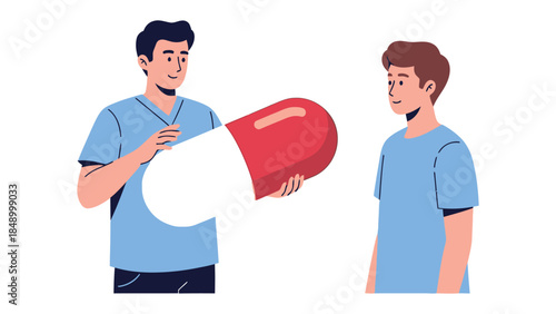 Medication Concept: A person offers a giant medicine capsule to another person, symbolizing a concept of health, treatment, and care.