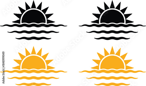 sunrise sunset yellow black four icons set vector illustration design 