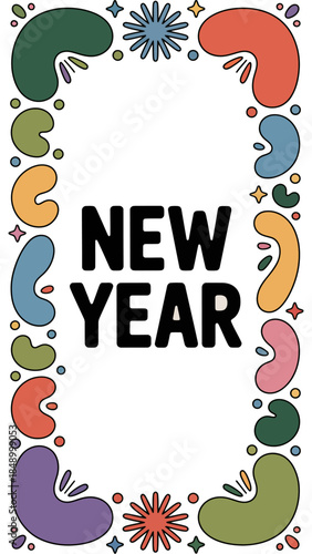 New Year Celebration Design: Festive artwork announces the dawn of a New Year, with vibrant colors and joyful illustrations, conveying a sense of fresh beginnings, hope, and optimism.