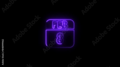 Purple Neon Calendar Icon February 8th date 4k animation video on black background 