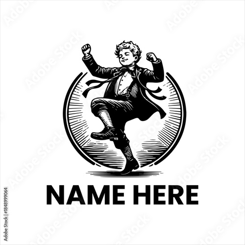 Dynamic vintage-style black and white illustration featuring a cheerful and elegantly dressed individual dancing with exuberant joy and spirited energy, perfect for classic brand identities.