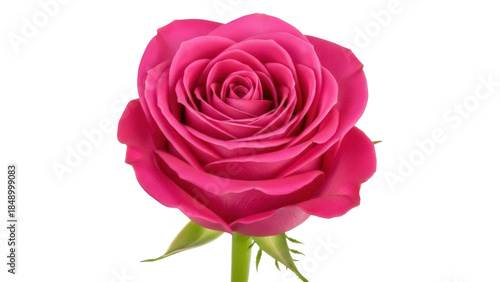 Isolated single pink rose blossom, romance and Valentine's Day flower with stem and leaves