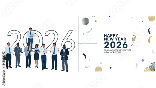 Diverse business team celebrating the year 2026 with a festive New Years Eve graphic symbolizing future success and new horizons