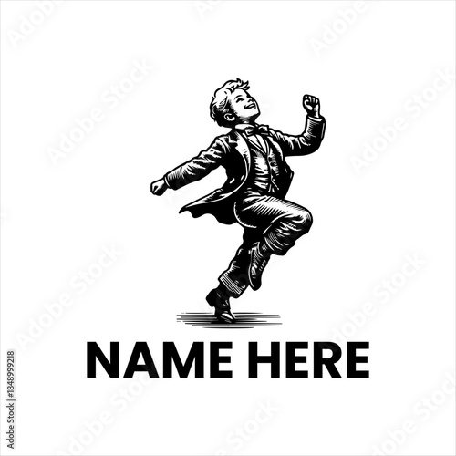 Classic Vector Artwork of a Joyful Young Boy in Period Clothing, Captured in a Dynamic Pose of Playful Movement, Evoking Whimsical Childhood Memories