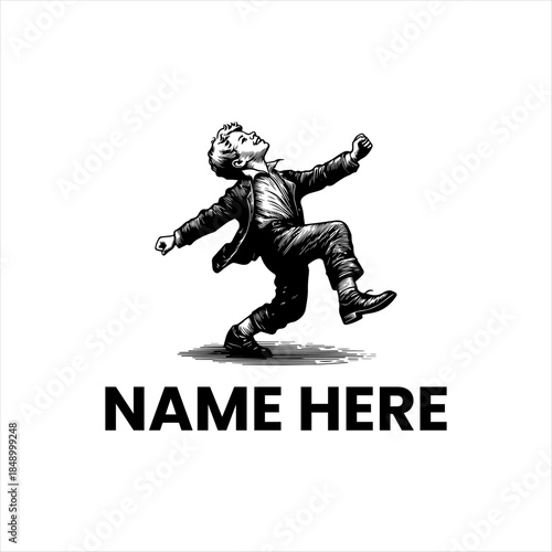 Whimsical illustration of a young boy in a jubilant pose, arms outstretched, with the placeholder text 'NAME HERE' below, evoking a sense of childhood joy and playful energy.