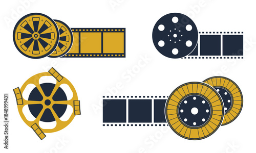 Film Reel Icon Set – Vintage Movie Spools with Blank Cinema Strips in Yellow and Navy Flat Style