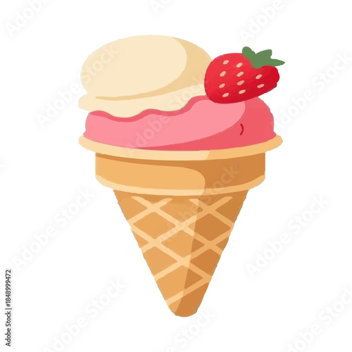 Flat minimalist vector illustration of a delicious double scoop ice cream cone.