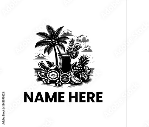 Monochromatic tropical fruit juice graphic with palm tree, pineapple, citrus fruits for refreshing beverage branding and summer concepts