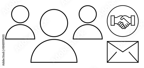Communication concept. Communication symbols including message icon, handshake, and group of people. Communication promoting teamwork and collaboration in business environments. For teamwork