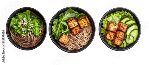 Japanese weight-loss bowls with soba noodles leafy greens and healthy toppings on transparent background