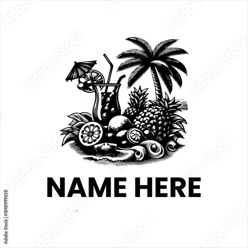 Exotic Tropical Paradise Illustration with Refreshing Cocktail, Lush Palm Tree, and Vibrant Fresh Fruits – Perfect for Summer Event Branding, Restaurant Menus, and Travel Advertisements