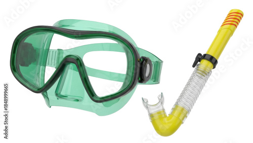 Isolated snorkel set with yellow and green mask for snorkeling and scuba diving trips