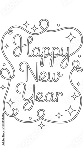 Joyful New Year: A festive illustration announces a Happy New Year, with decorative swirls and shining stars, perfect for seasonal greetings.
