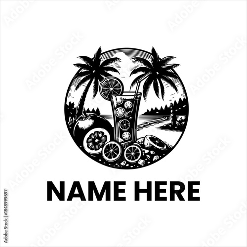 Vintage tropical drink illustration featuring fresh citrus fruits on a summer beach background. Retro vector design for refreshing beverages and exotic experiences