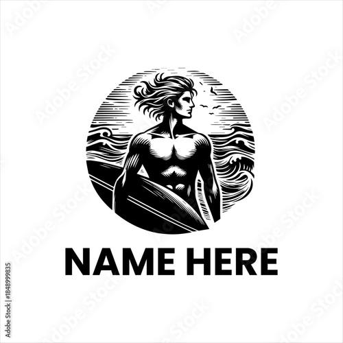 Surfer logo featuring a muscular man holding a surfboard in front of ocean waves with a circular vintage style background