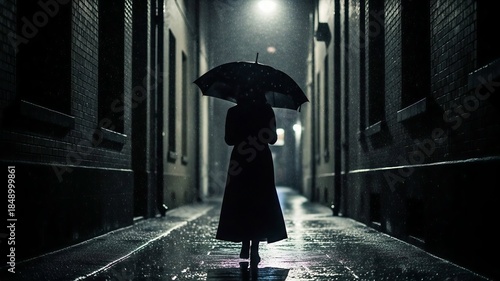 A distant figure walks alone under an umbrella along a rain-covered city street at night