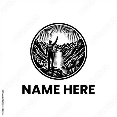 Vector logo of a hiker on a mountain peak celebrating a successful ascent with a scenic vista of a river valley below