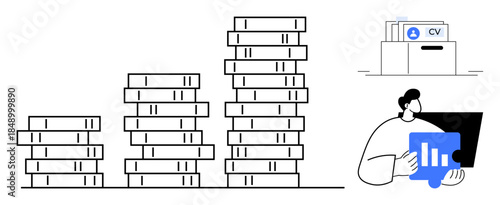 Financial growth concept. Stacks of coins depict economic success. Combined with analytics and CV management to enhance understanding of financial growth. For HR, business analytics, economy