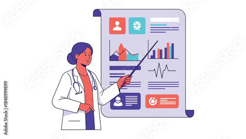 Medical insights: A dedicated doctor presenting vital health data with a pointer, revealing detailed insights of medical reports