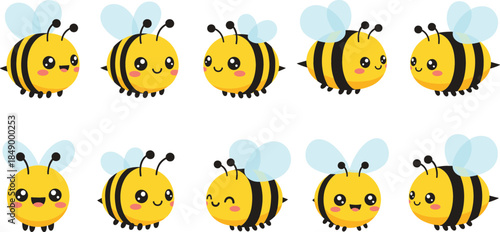 Cute cartoon bee character vector set with smiling expressions and flying poses, adorable insect illustration collection for kids, nature, and design
