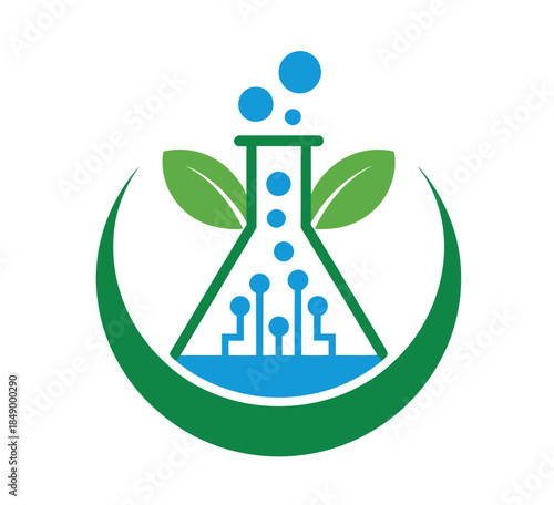 Eco-Friendly Laboratory Flask with Leaves and Bubbles, Green Science Concept