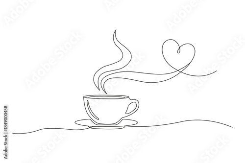 A steaming hot coffee cup with delicate steam forming a heartwarming single line heart