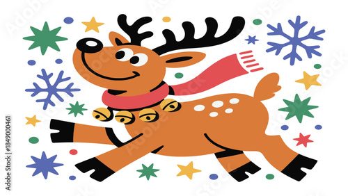 Joyful Reindeer Delight: A cheerful reindeer, adorned with festive bells and a cozy scarf, leaps amidst a flurry of snowflakes and stars, embodying the spirit of celebration.