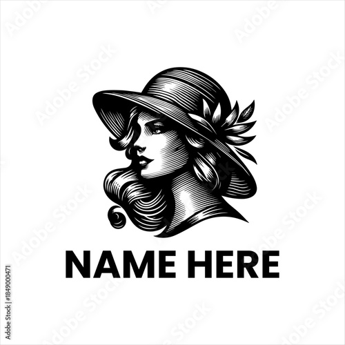 Elegant vintage woman wearing a stylish wide-brimmed hat adorned with natural elements, perfect for sophisticated branding and beauty industry logos
