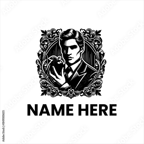Distinguished Gentleman with Apple in Intricate Ornate Frame. Elegant Monochrome Illustration for Sophisticated Branding and Identity Design