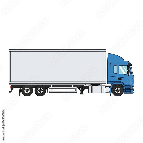 Blue truck with large white trailer on white background
