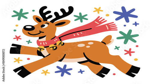 Joyful Reindeer Illustration: A cheerful reindeer, adorned with a cozy scarf, leaps amidst falling snowflakes, embodying the spirit of winter and the festive season.
