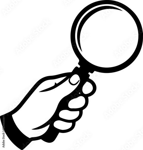 Magnifying glass held in hand, symbolizing research discovery investigation and analysis for detailed examination and insight into information and objects.