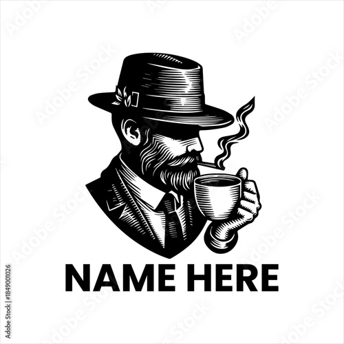 Vintage Gentleman Enjoying Coffee with a Cigar Emblem - Name Here