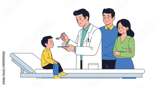 Healthcare checkup: A caring doctor gives medication to a child in the presence of his parents. It is important to monitor health status to prevent any diseases. 