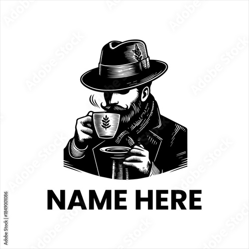 Stylish gentleman in a fedora hat with a beard and mustache enjoying a warm, steaming beverage; a sophisticated black and white vintage-inspired character concept design