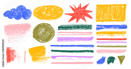 Abstract figures with charcoal set. Colored kid shape geometric crayon. Figure with texture and organic form. Geometry shape naive y2k style with crayon texture. Vector art grunge illustration.