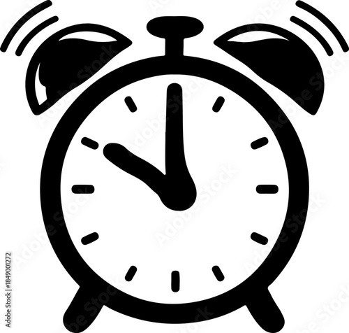 black silhouette of vintage alarm clock with bells ringing indicating urgent time alert wake up call or reminder on gray checkered background