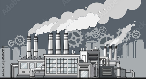 Industrial factory with smokestacks and gears