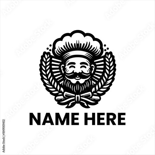 Charming Chef Illustration with Laurel Wreaths and Beard – Perfect for Culinary Branding