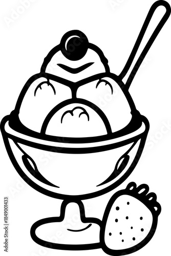 Ice cream sundae with strawberry and cherry in glass bowl monochrome outline drawing isolated on transparent background sweet dessert food