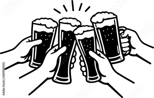 Four hands holding beer glasses cheering making toast simple line art illustration isolated on transparent background celebration event