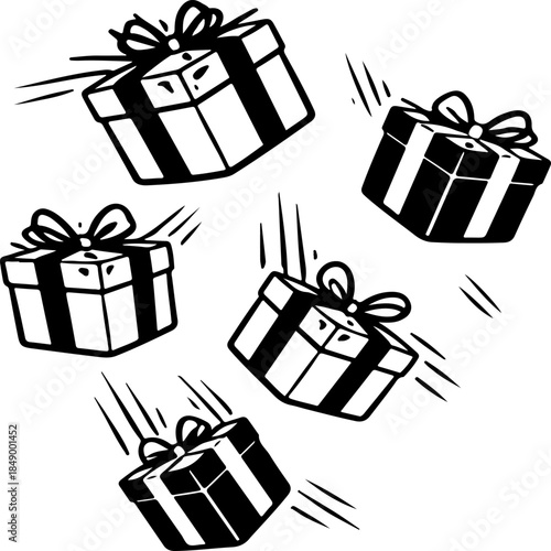 Falling gift boxes with bows and ribbons simple line art illustration isolated on transparent background holiday presents