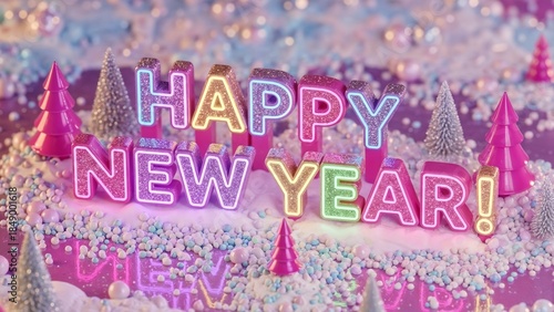 3D Happy New Year greeting with glitter text and neon lights. Festive pink winter landscape with miniature christmas trees. Whimsical holiday celebration background