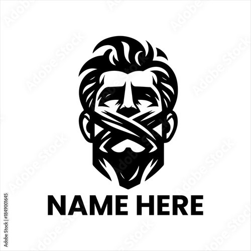 Stylized bearded man head illustration with mouth bound, portraying silence and mystery, perfect for strong masculine brand identity or urban logo design vector graphic element